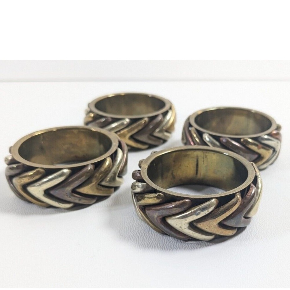 Vintage Mixed Metal Napkin Rings Set of 4 Braided Chevron Brass Copper Silver